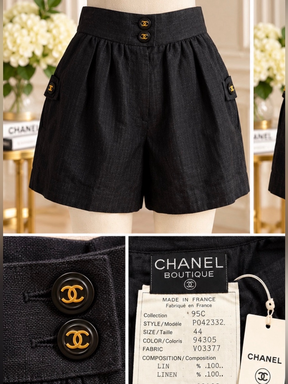 CHANEL Vintage CHANEL 1995 Black Linen Silk Lined CC Button Shorts FR 44
